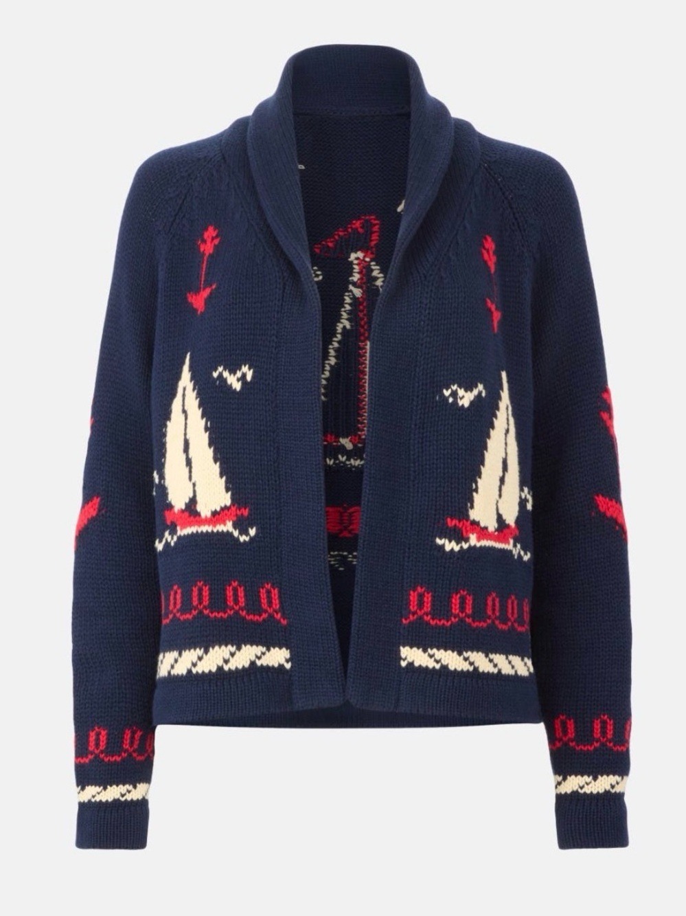 THE GREAT. Navy Sailboat Lodge Knit Cardigan with Cream and Red Accents